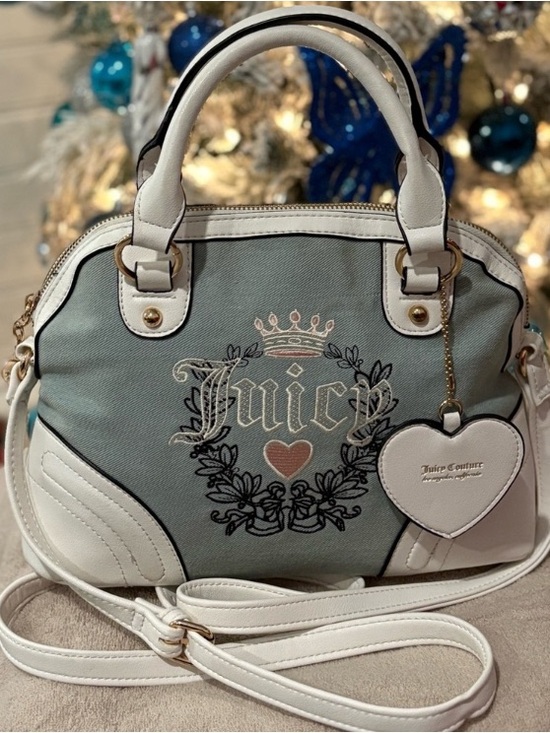 Juicy Couture Handbags - Juicy Couture light blue denim and white Dome Satchel with Heart Charm